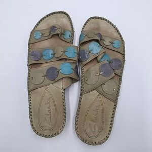 Clarks Women Olive Green Leather Slide Sandals Blue Purple Beaded Detail Size 8M